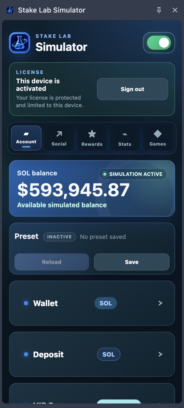 Stake Lab Simulator side panel showing balance and account controls