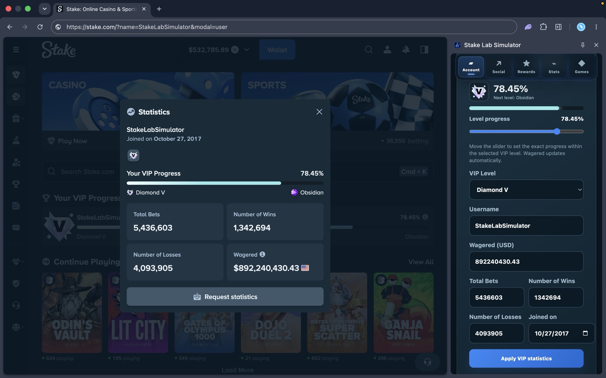 Stake Lab Simulator editing a local profile and account statistics in Chrome